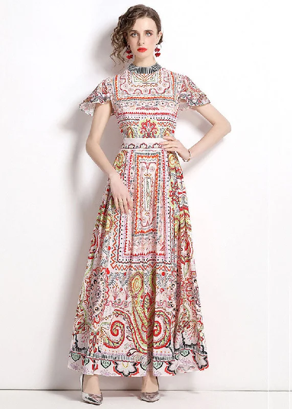 Step up your style with trendy women’s clothing   Bohemian Stand Collar Print Wrinkled Patchwork Chiffon Maxi Dresses Summer