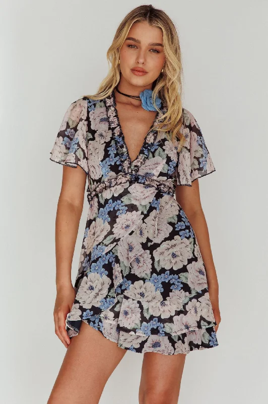 Laney Angel Sleeve Ruffle Dress Floral Blue