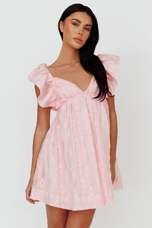 Melrose Place Floral Textured Frill Dress Pink