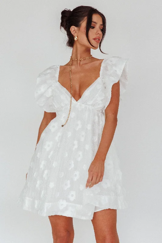 Melrose Place Floral Textured Frill Dress White