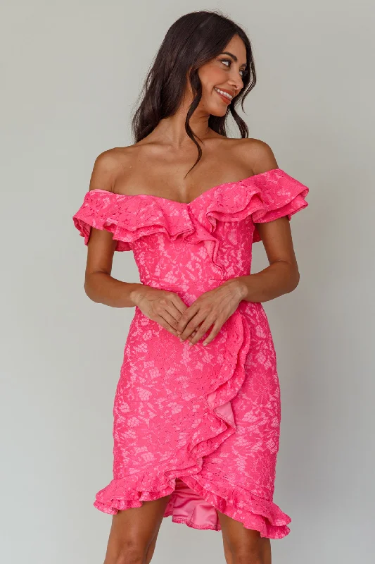 Sustainable fashion for stylish women   Rossi Off-Shoulder Double Ruffle Lace Dress Hot Pink