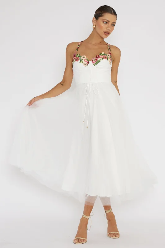 Sustainable fashion for stylish women   Smitten Sweetheart Neckline Floral Trim Dress White