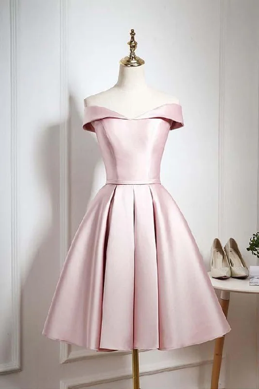 Stylish plus-size clothing for women   Pearl Pink Off Shoulder Knee Length Party/Homecoming Dress with Ruffle PD044