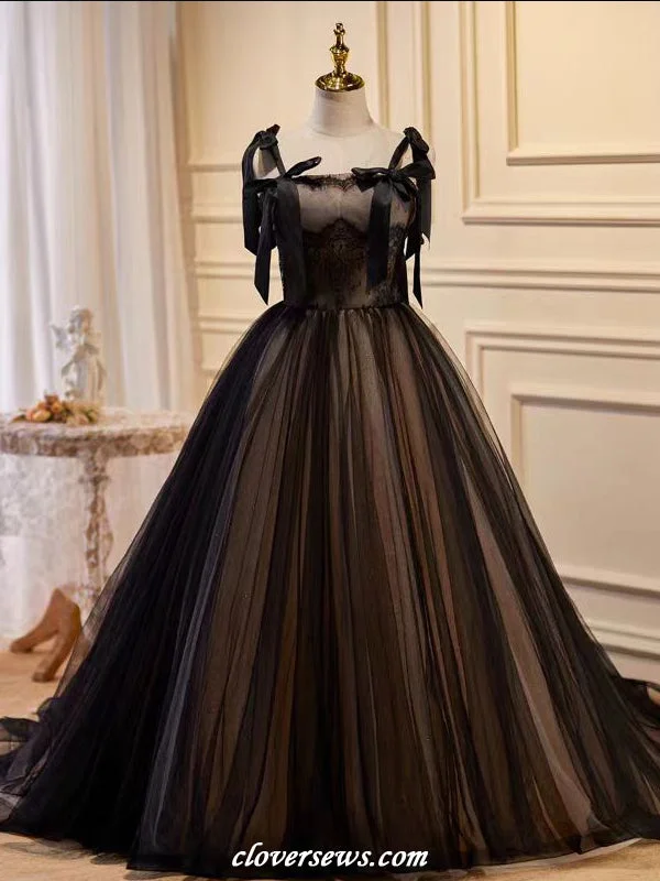 Black Tulle Lace Bowknot Straps Ball Gown Halloween Wedding Dresses, CP1164