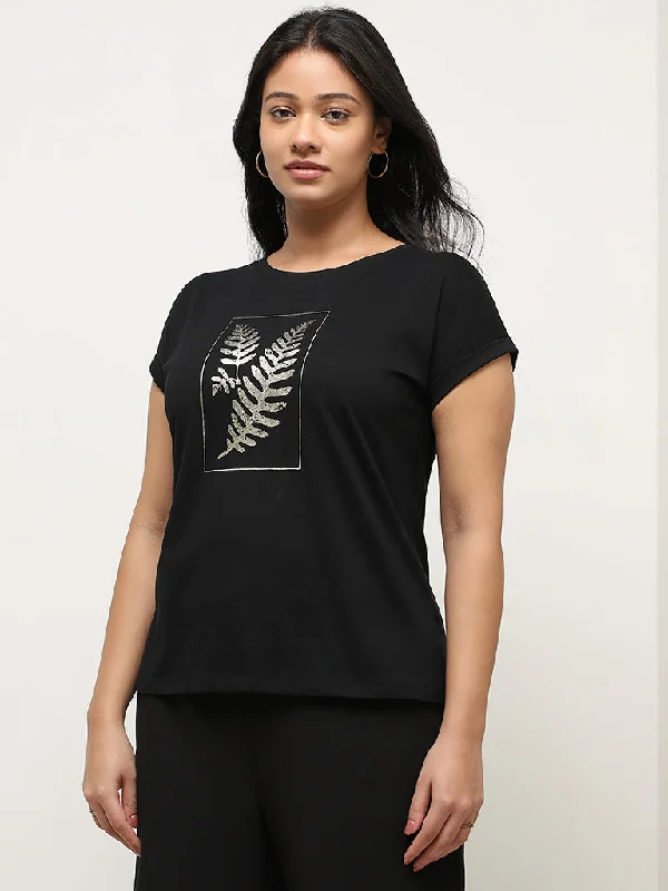 Gia Black Leaf Printed Cotton T-Shirt