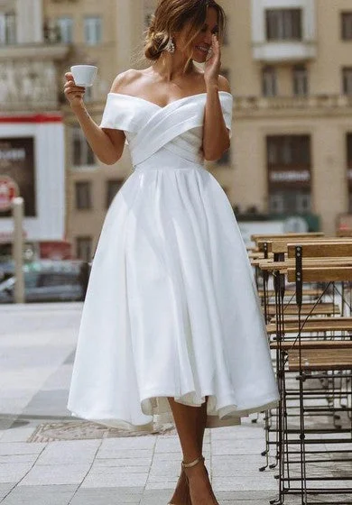 Everyday essentials for a stylish wardrobe   Vintage A Line Off-the-shoulder Satin Tea-length Sleeveless Wedding Dress with Criss Cross and Ruching