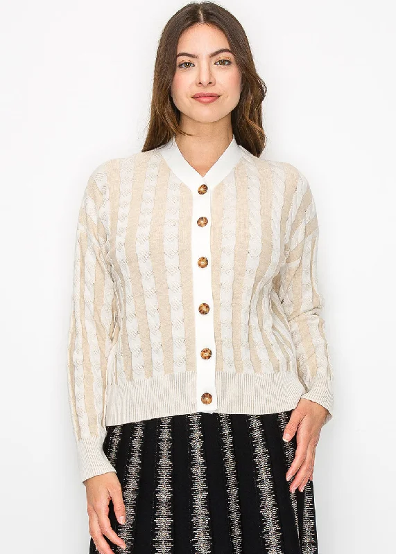 Beige Cable Knit Stripe Cardigan