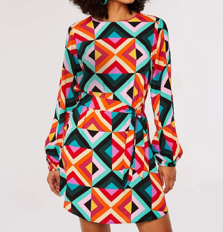 Sustainable fashion for stylish women   Geometric Long Sleeve Dress In Multi Color