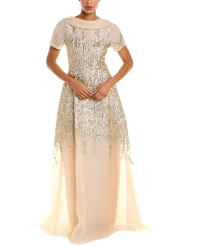 Get noticed with eye-catching women’s fashion   Teri Jon Roll-Neck Organza Gown