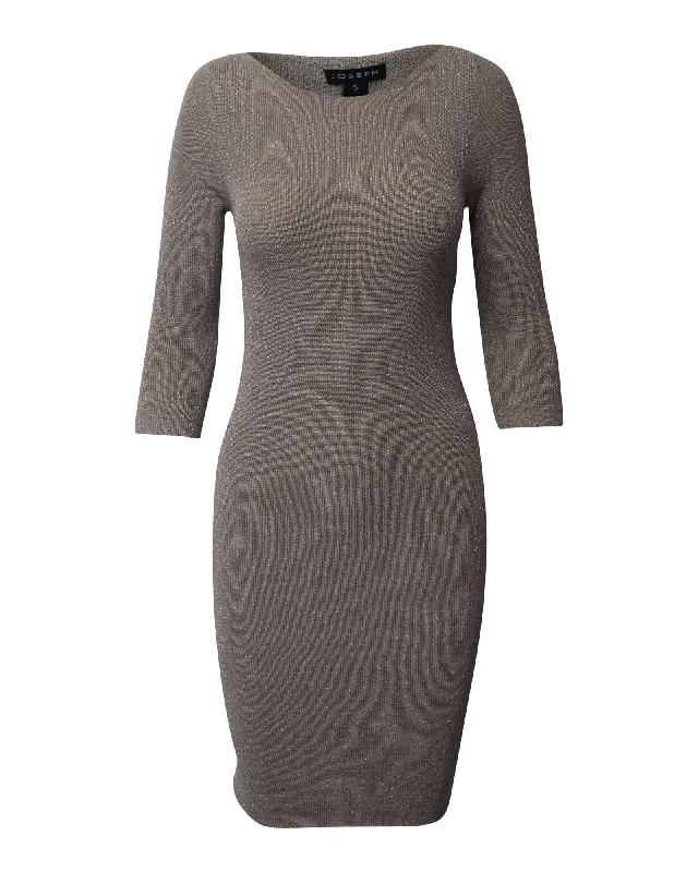 Joseph Metallic Knitted Bodycon Dress in Grey Silk