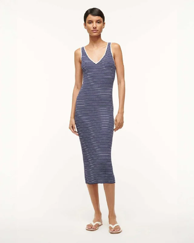 Staud Women Bodycon Dress Dana Sleeveless Midi Navy Micro Stripe