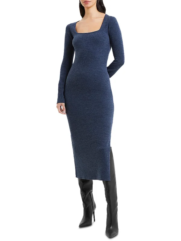 Womens Tea Length Square Neckline Bodycon Dress