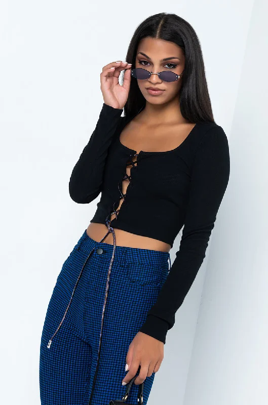 COULD CARE LESS LONG SLEEVE LACE UP CROP TOP