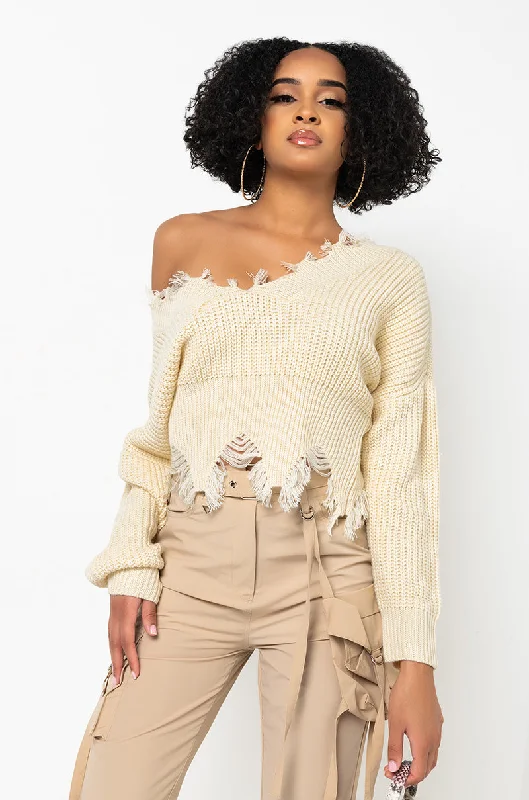 HANSEL DISTRESSED LONG SLEEVE CROPPED SWEATER IVORY