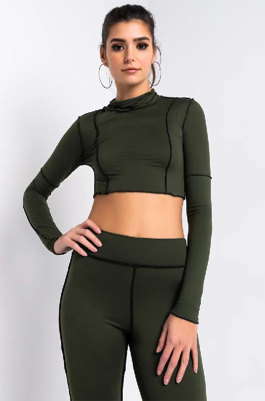 INSIDE OUT MOCK NECK LONG SLEEVE CROP TOP OLIVE