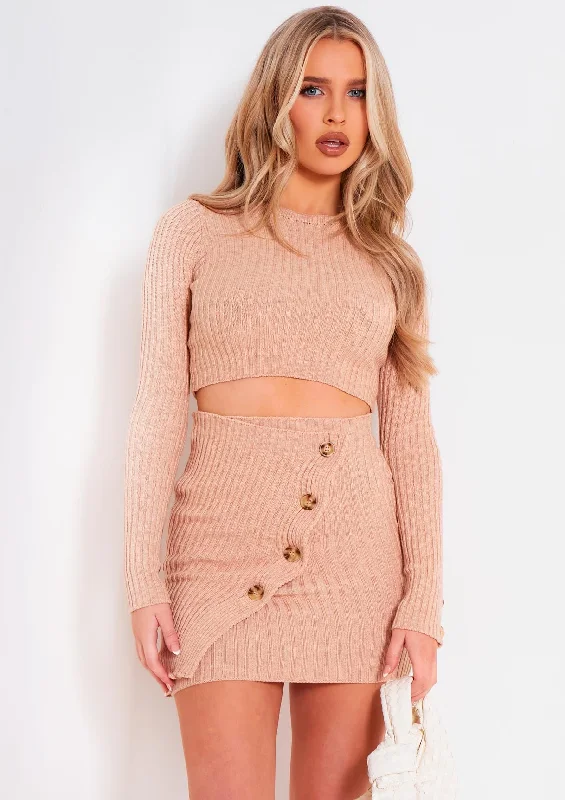 Mira Beige Rib Knit Long Sleeve Crop Top