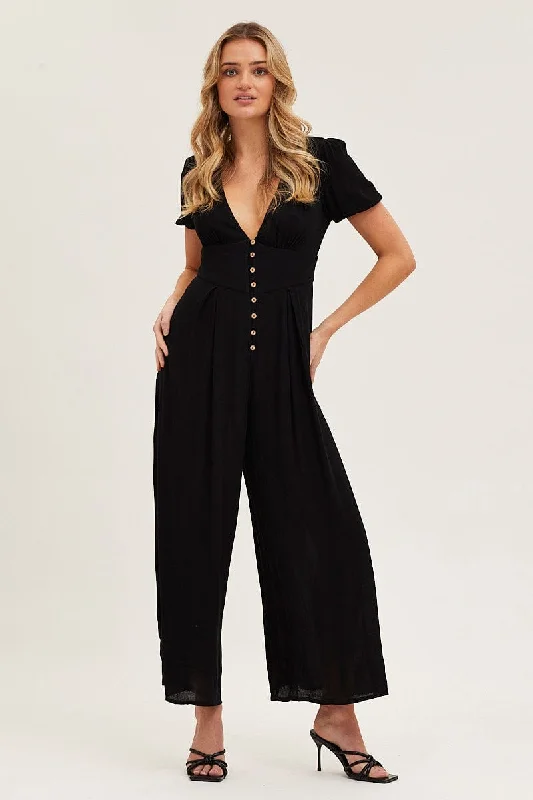 Black Jumpsuit Long Sleeve V Neck