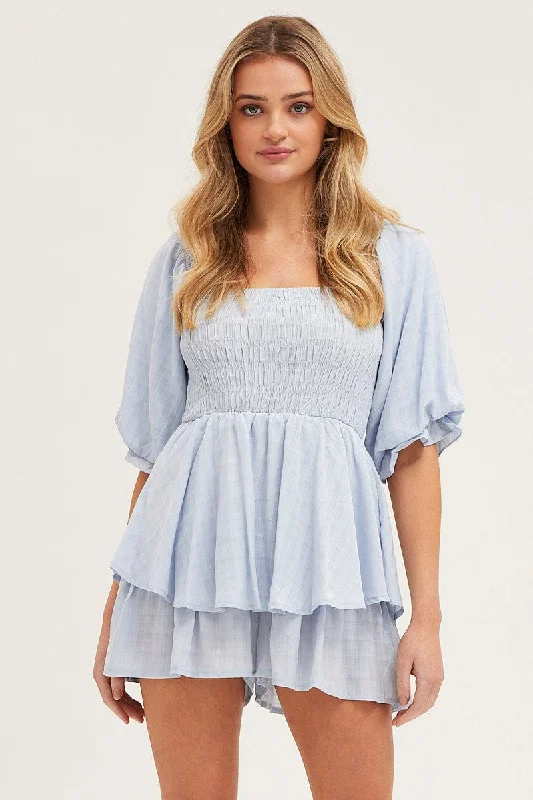 Blue Playsuit Short Sleeve Square Neck