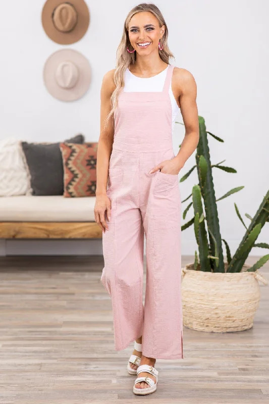 Blush Textured Overalls With Pockets