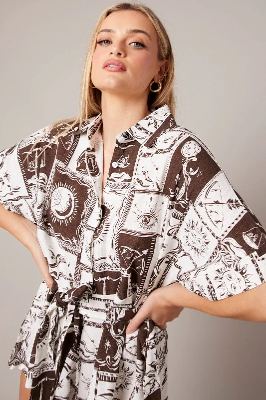 Brown Abstract Oversized Playsuit