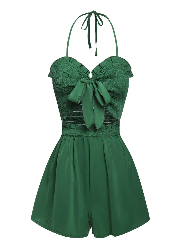 Green 1960s Smocked Sweetheart Neck Halter Romper