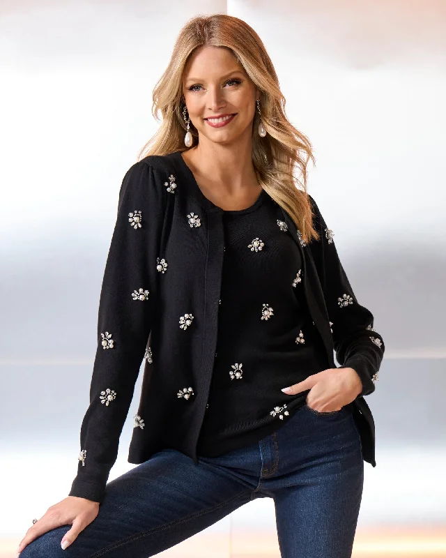 Pearl and Rhinestone Embellished Cardigan Black