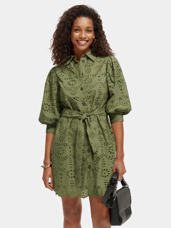 Puff sleeve embroidered shirt dress