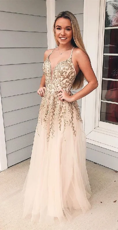 Comfortable yet fashionable women’s wear   A-Line Spaghetti Straps Light Champagne Long Prom Dress with Appliques Beading cg450