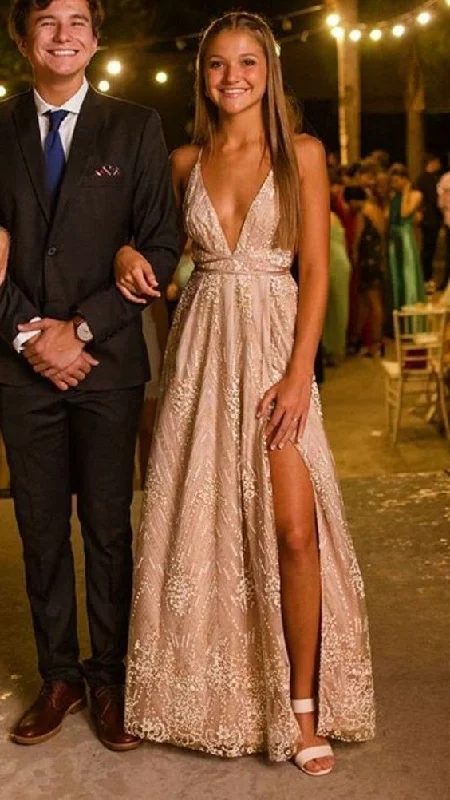 Effortlessly chic fashion for today’s woman   A-line Spaghetti Straps V-neck Gold Lace Evening Dresses ,Cheap Prom Dresses  cg607