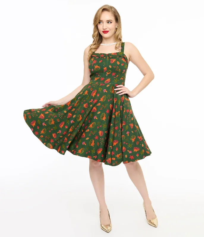 Casual yet chic women’s outfits for work or play   Miss Lulo 1950s Green Hedgehog Forest Print Kyla Fit & Flare Dress